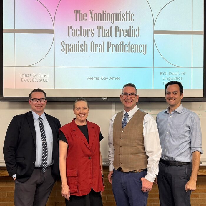 Troy Cox with Merrie Kay Ames and committee members at her thesis defense